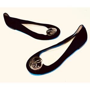 Donald J Pliner Lisa 9.5M Black Ballet Flats Lucky Suede Leather Medallion